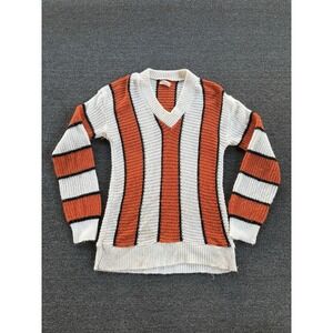 Vintage 60s 70s Baldwin Sportswear Orlon Striped V-Neck Sweater OrangeWhite